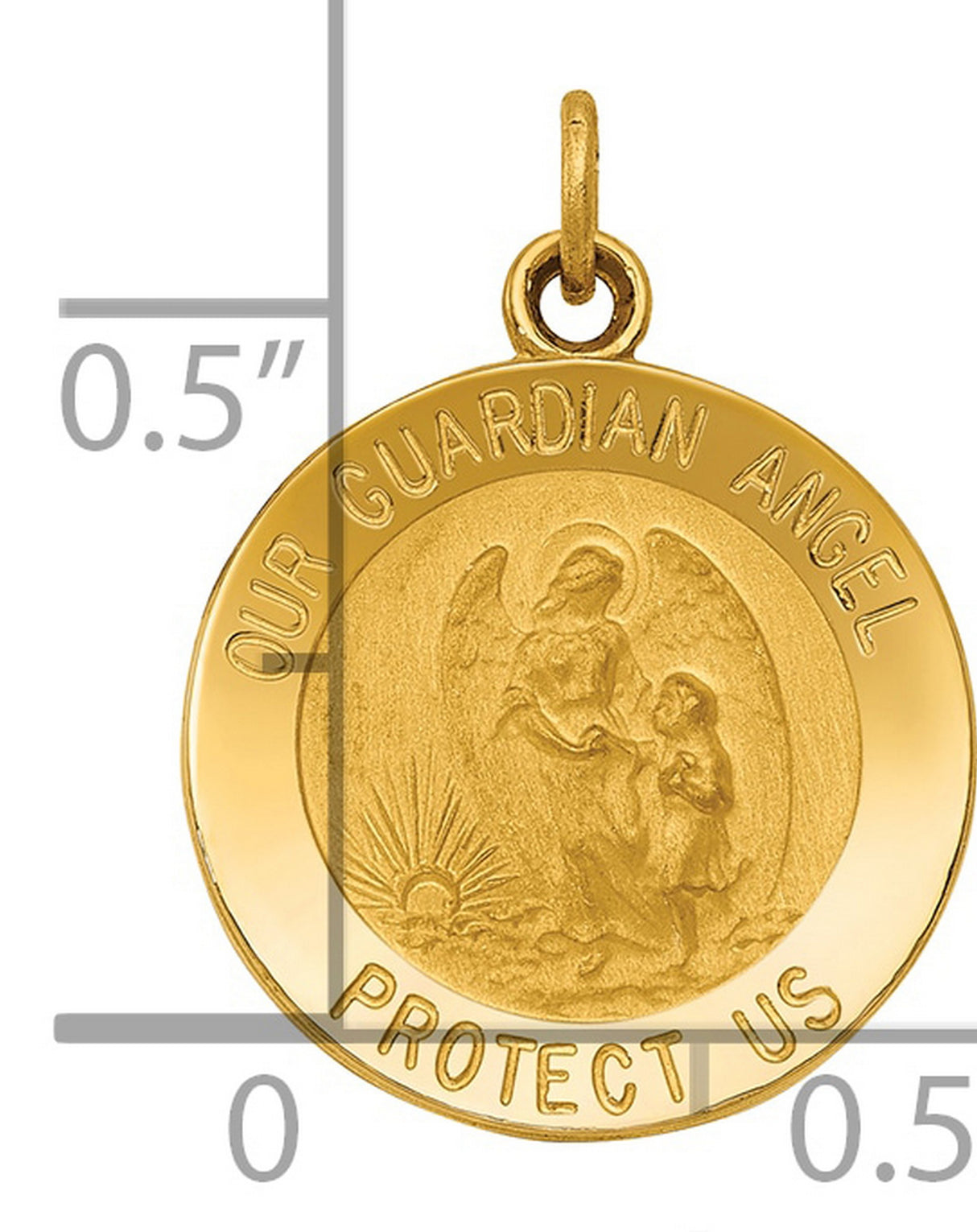 Our Guardian Angel Protect Us Words Round Medal Charm Pendant in Real 14k Yellow Gold