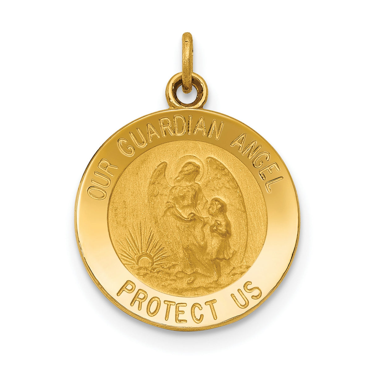 Our Guardian Angel Protect Us Words Round Medal Charm Pendant in Real 14k Yellow Gold