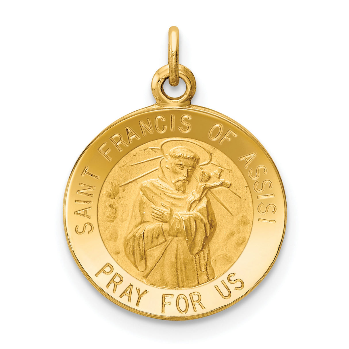 Saint Francis Of Assisi Pray For Us Words Round Medal Charm Pendant in Real 14k Yellow Gold