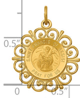 Saint Francis Of Assisi Pray For Us Words Round Medal With Fancy Border Charm Pendant in Real 14k Yellow Gold