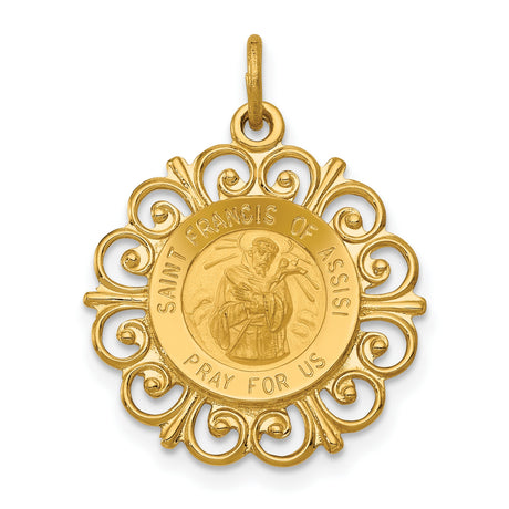 Saint Francis Of Assisi Pray For Us Words Round Medal With Fancy Border Charm Pendant in Real 14k Yellow Gold