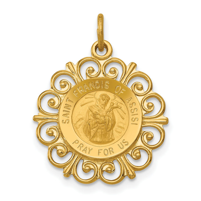 Saint Francis Of Assisi Pray For Us Words Round Medal With Fancy Border Charm Pendant in Real 14k Yellow Gold