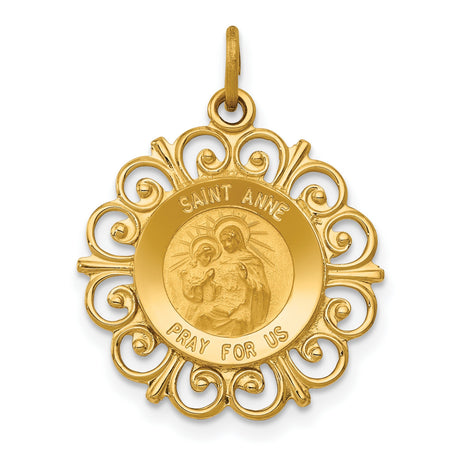 Saint Anne Pray For Us Words with Flower Border Charm Pendant in Real 14k Yellow Gold