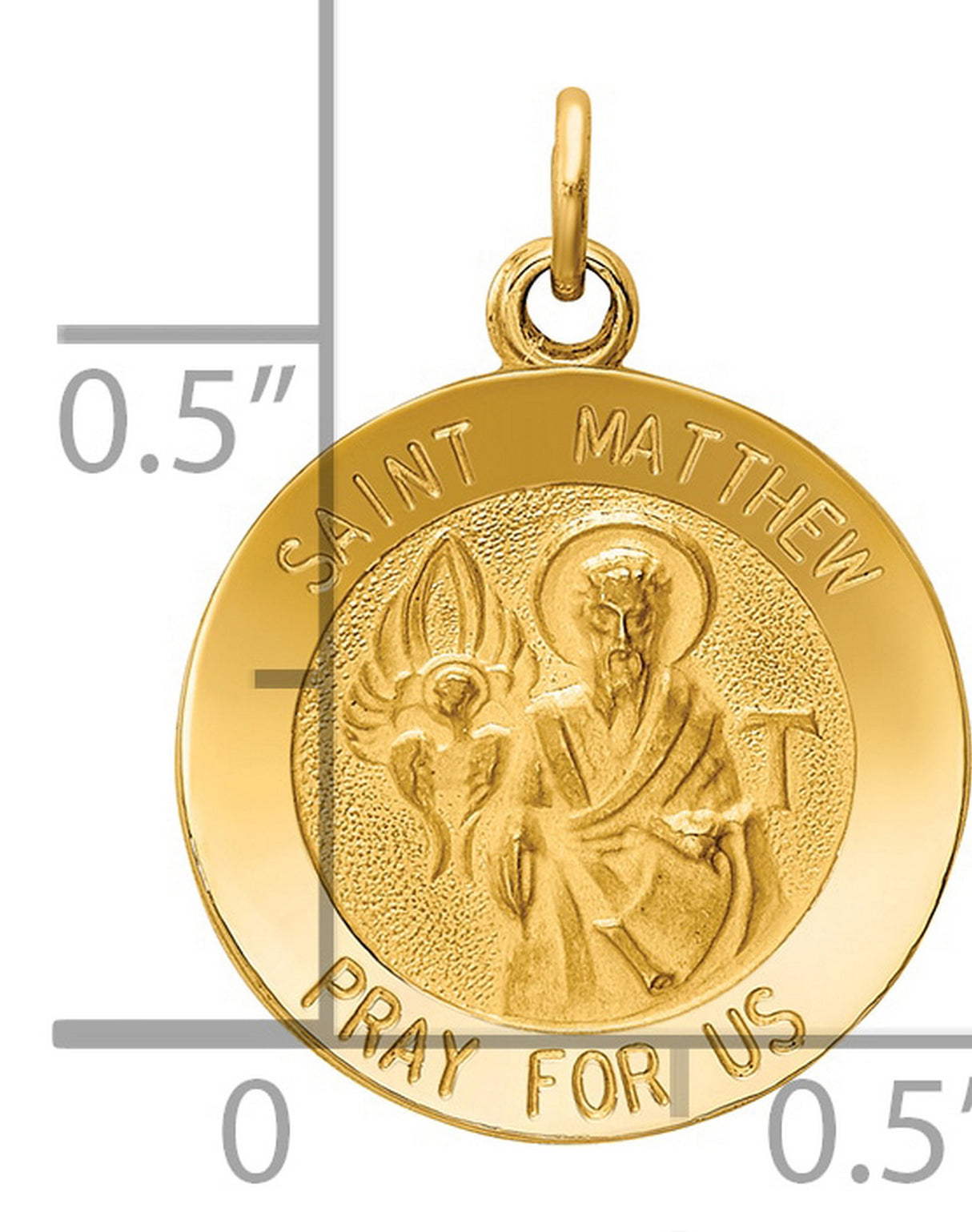 Solid Saint Matthew Pray For Us Words Round Medal Charm Pendant in Real 14k Yellow Gold