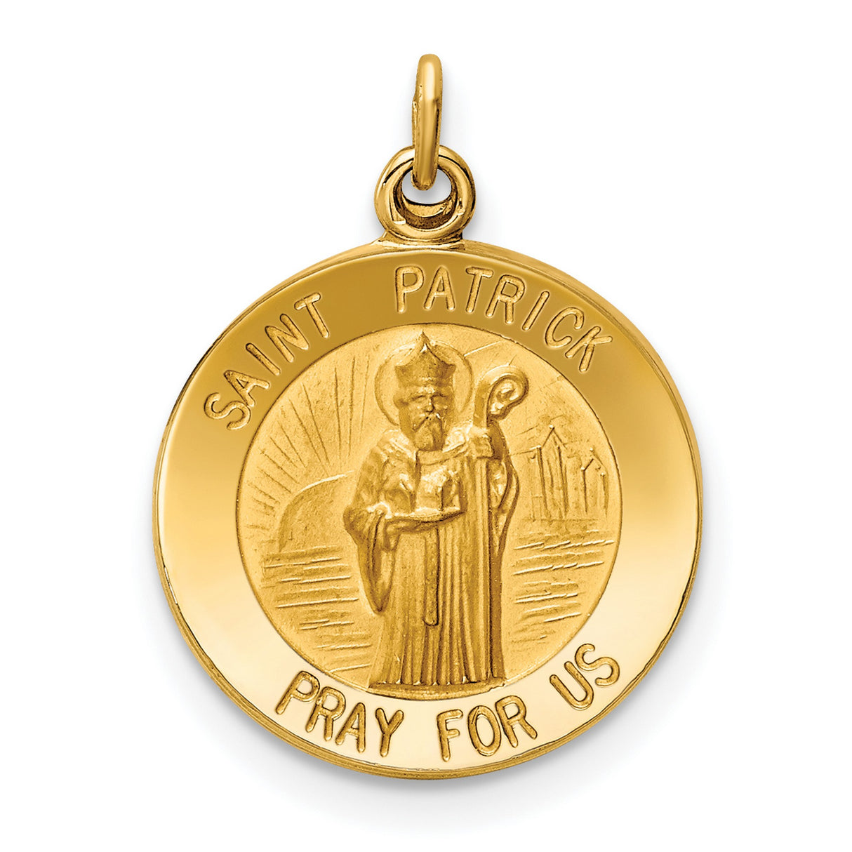 Solid Saint Patrick Pray For Us Words Round Medal Charm Pendant in Real 14k Yellow Gold