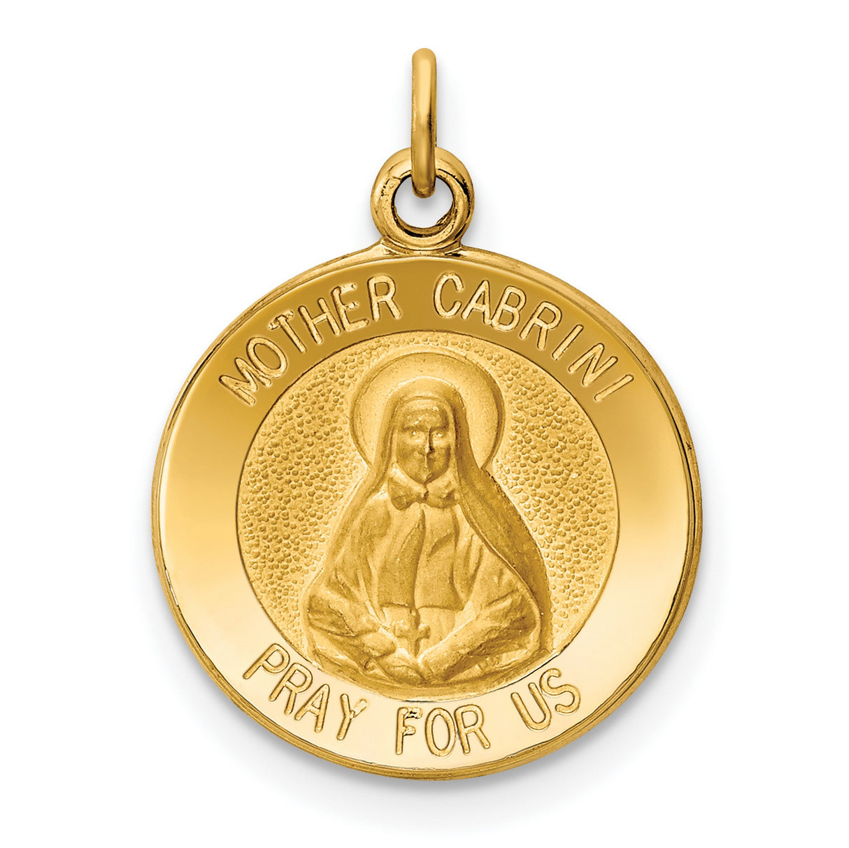 Mother Cabrini Pray For Us Words Round Medal Charm Pendant in Real 14k Yellow Gold