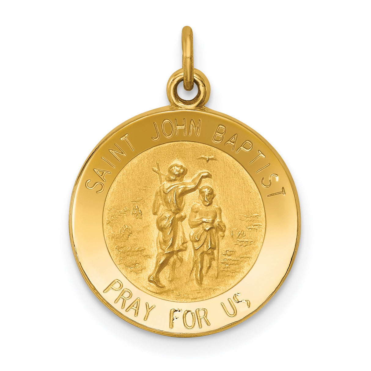 Solid Saint John Baptist Pray For Us Words Round Medal Charm Pendant in Real 14k Yellow Gold