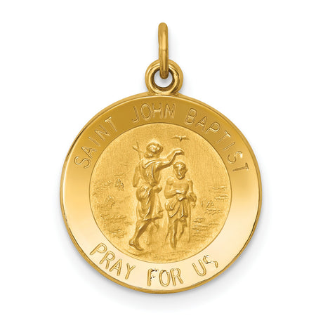 Solid Saint John Baptist Pray For Us Words Round Medal Charm Pendant in Real 14k Yellow Gold