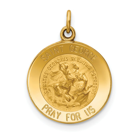 Solid Saint George Pray For Us Words Round Medal Charm Pendant in Real 14k Yellow Gold