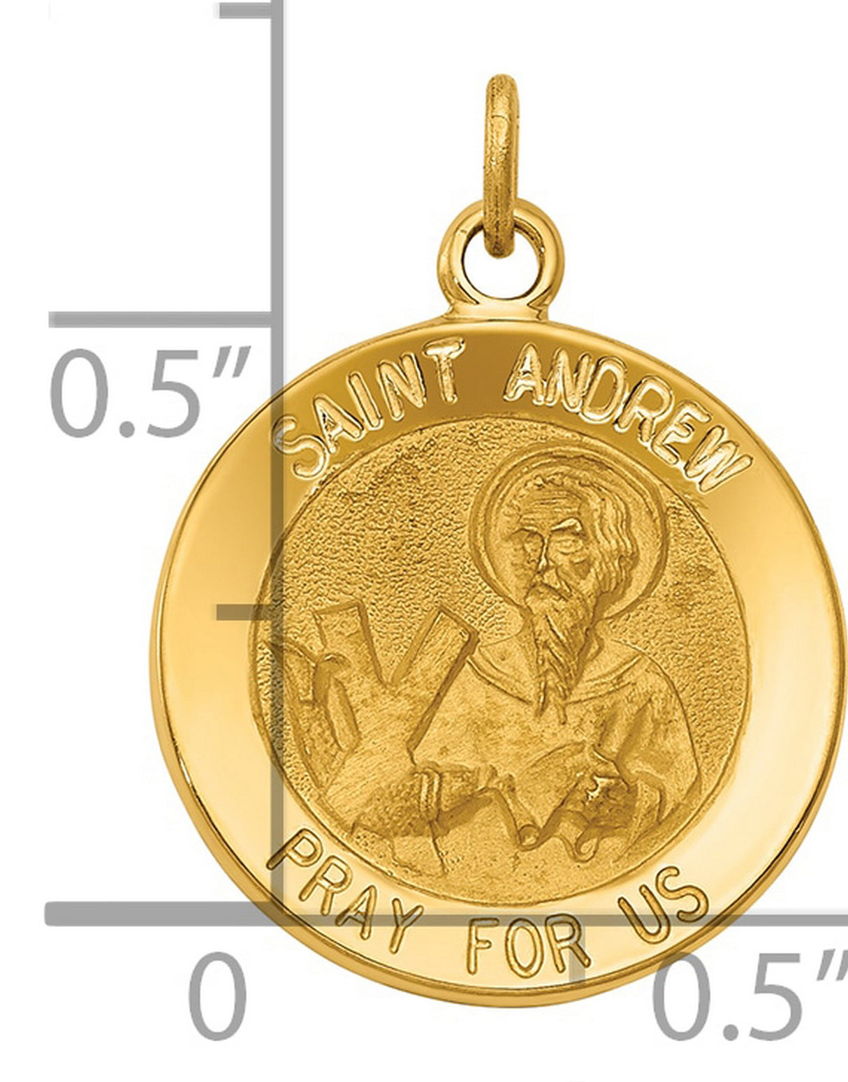 Saint Andrew Pray For Us Words Round Charm Pendant in Real 14k Yellow Gold