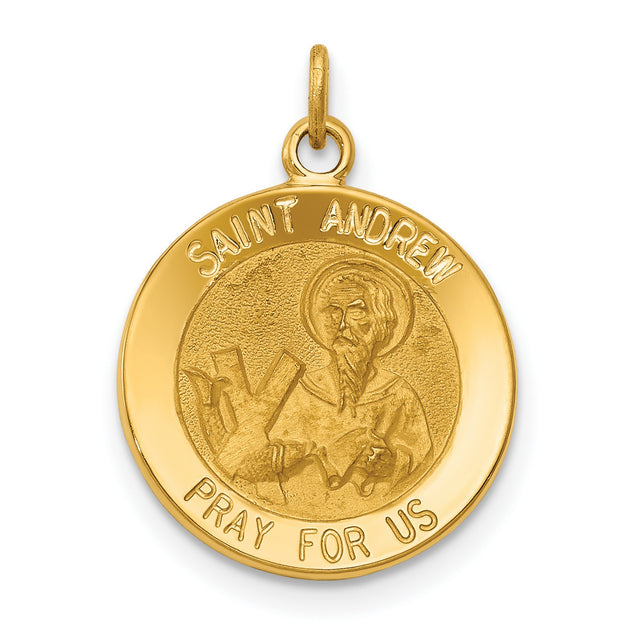 Saint Andrew Pray For Us Words Round Charm Pendant in Real 14k Yellow Gold