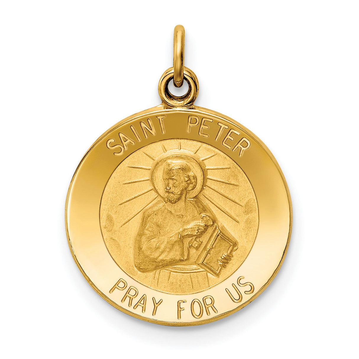 14k Yellow Gold Saint Peter Medal Pendant with Halo Engraving and Book Design