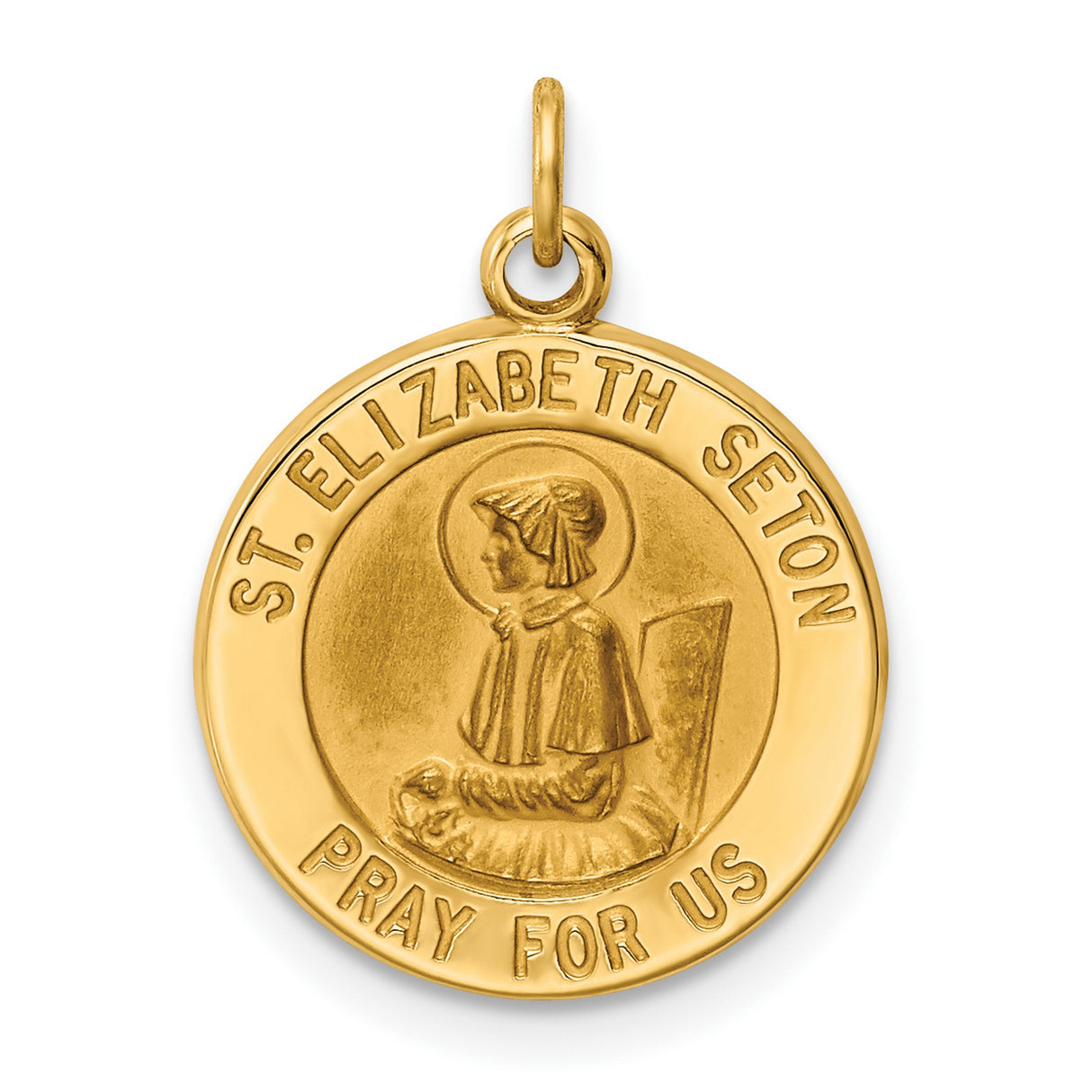 Saint Elizabeth Seton Pray For Us Words Round Medal Charm Pendant in Real 14k Yellow Gold