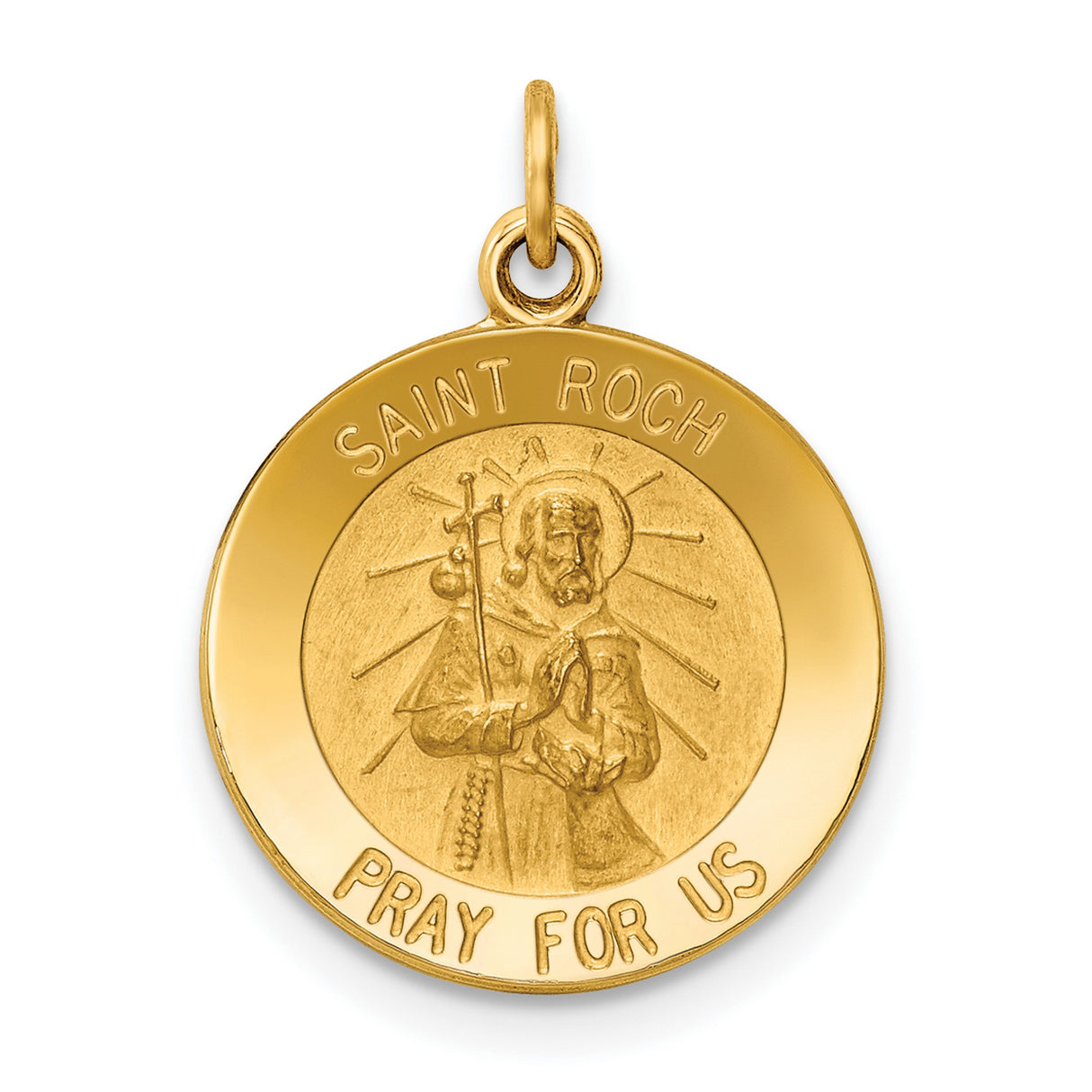 Saint Roch Pray For Us Words Round Medal Charm Pendant in Real 14k Yellow Gold