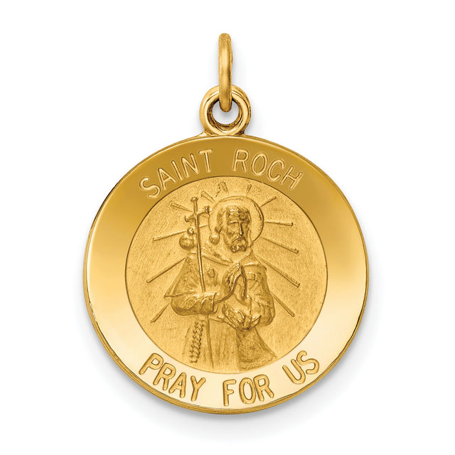 Saint Roch Pray For Us Words Round Medal Charm Pendant in Real 14k Yellow Gold