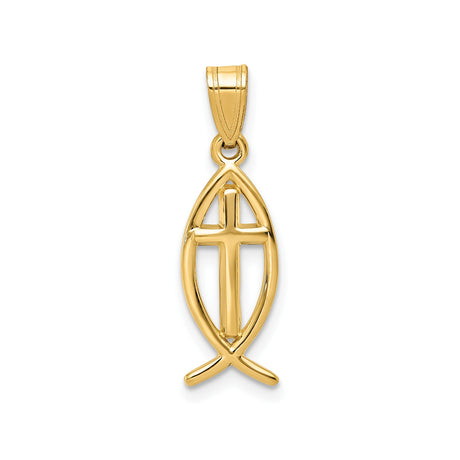 14k Yellow Gold Christian Fish Pendant with Cross, Ichthys Religious Charm for Men or Women