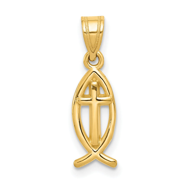 Solid Cross Inside Ichthus Fish Charm Pendant in Real 14k Yellow Gold