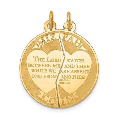 14k Yellow Gold Mizpah Coin Pendant Set, Break-Apart Christian Design with Genesis 31:49 Verse