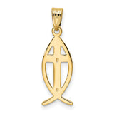 Solid Polished Cross Inside Ichthus Fish Charm Pendant in Real 14k Yellow Gold