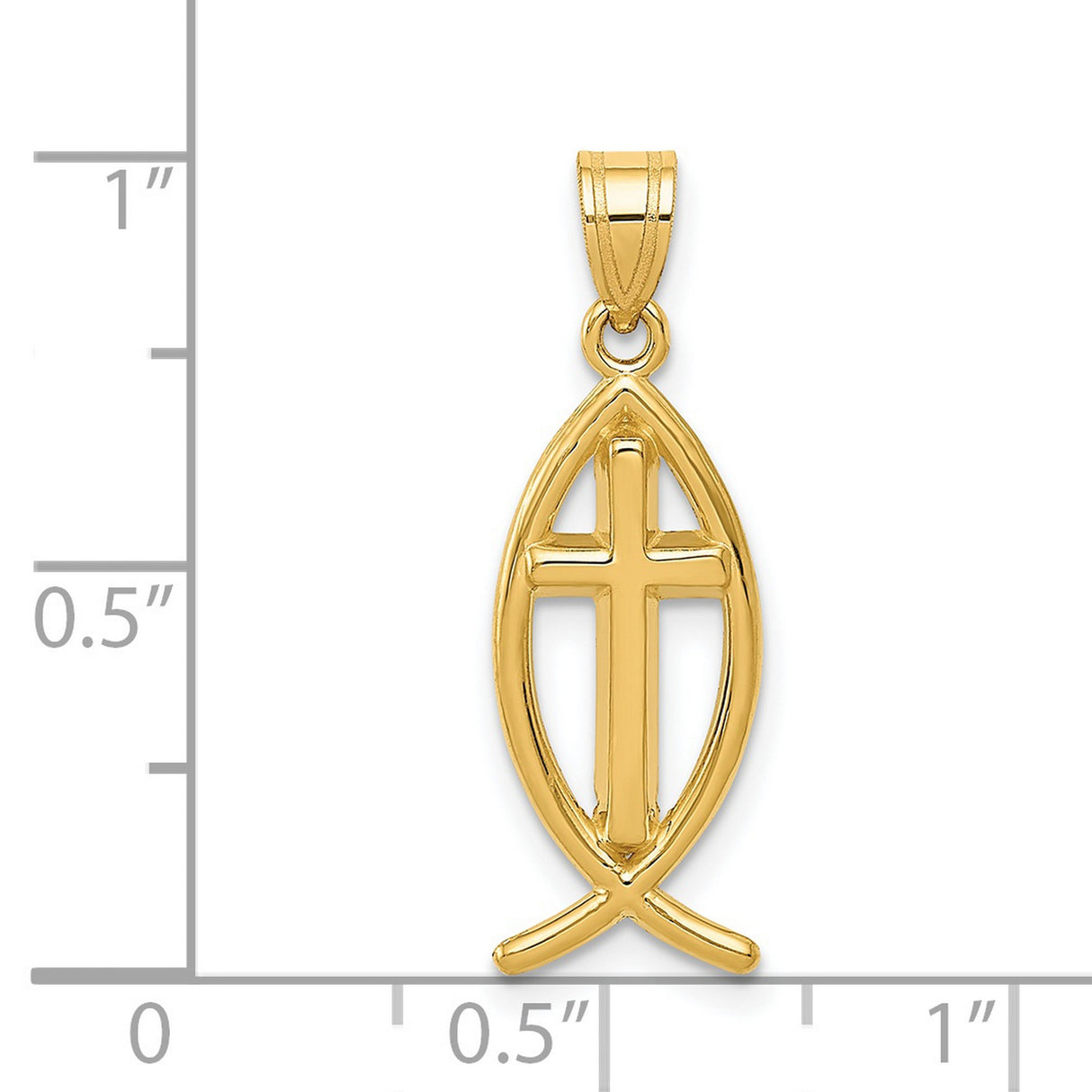 Solid Polished Cross Inside Ichthus Fish Charm Pendant in Real 14k Yellow Gold