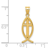 Solid Polished Cross Inside Ichthus Fish Charm Pendant in Real 14k Yellow Gold