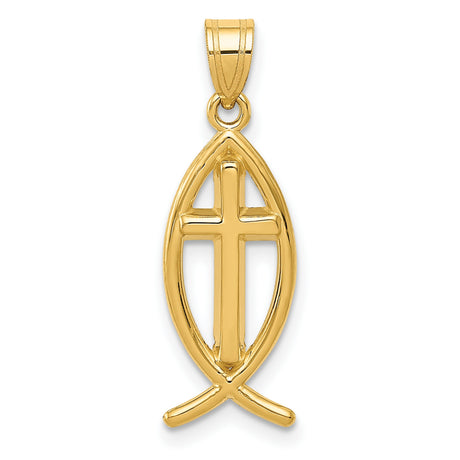 Solid Polished Cross Inside Ichthus Fish Charm Pendant in Real 14k Yellow Gold