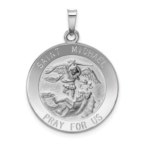 14k White Gold Saint Michael Pendant Featuring Archangel with Pray for Us Engraving