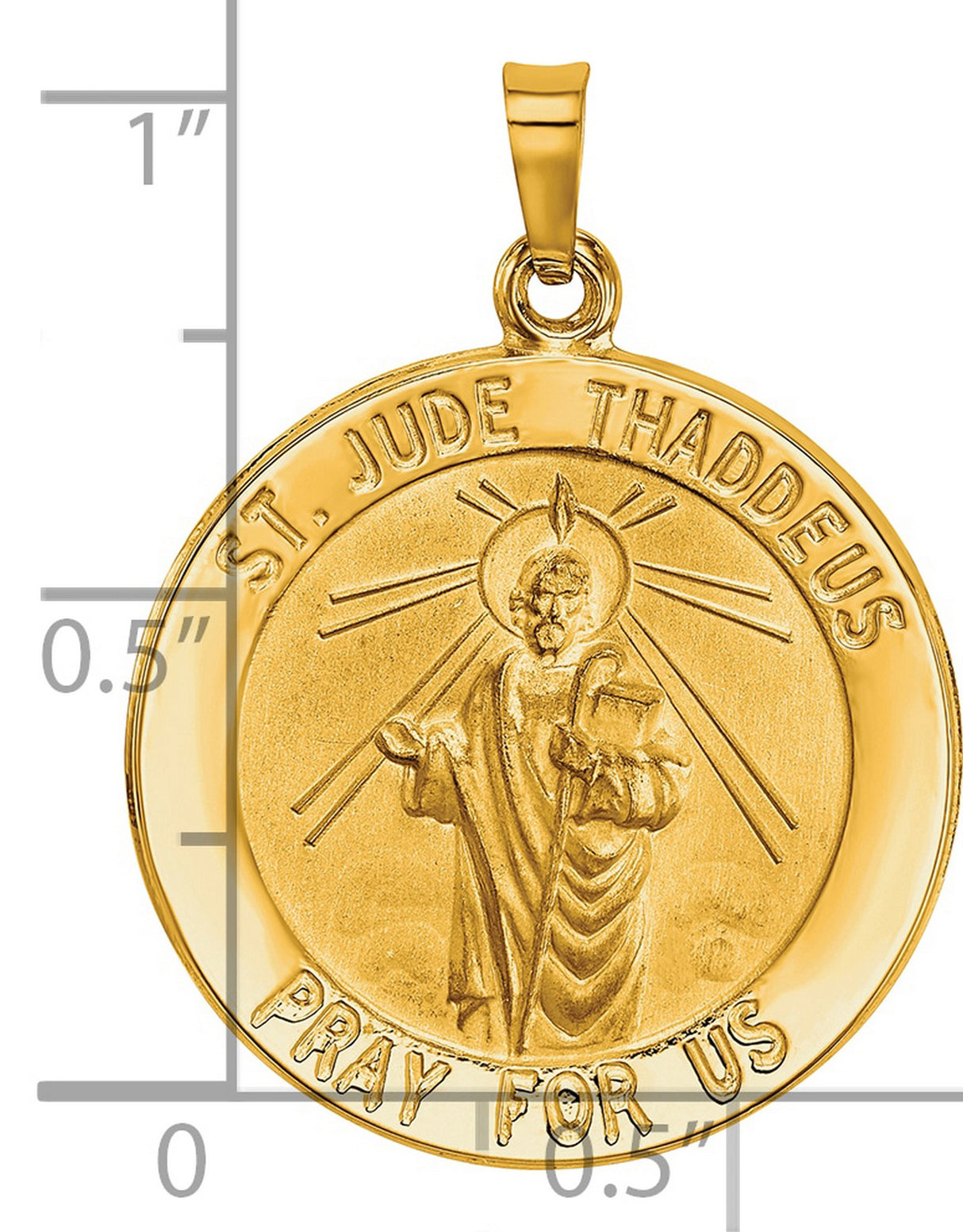 Hollow Saint Jude Thaddeus Pray For Us Words Round Charm Pendant in Real 14k Yellow Gold