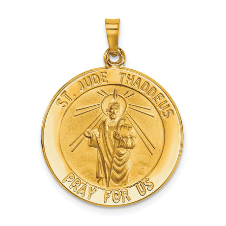 Hollow Saint Jude Thaddeus Pray For Us Words Round Charm Pendant in Real 14k Yellow Gold