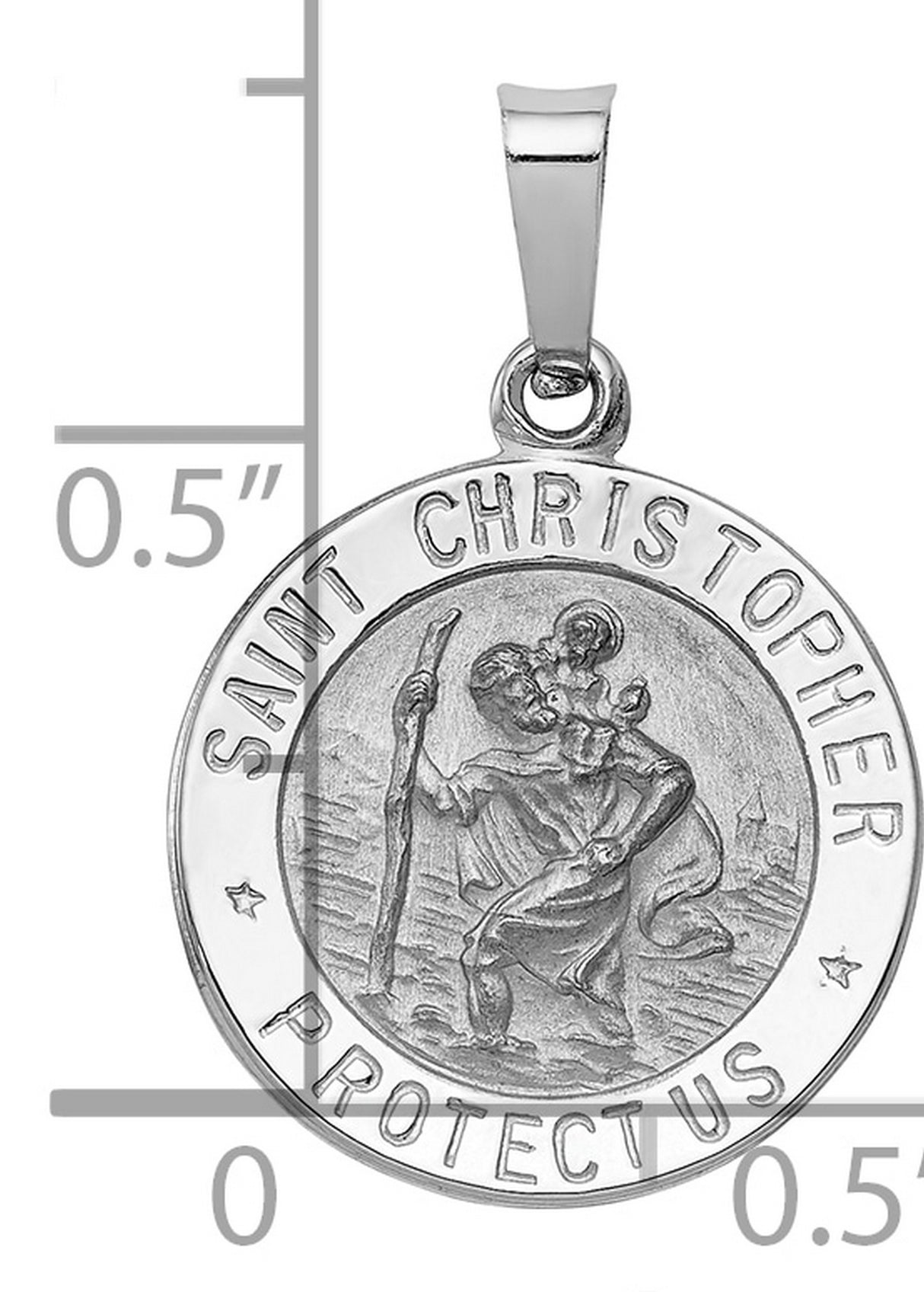 Solid Polished Saint Christopher Protect Us Words Round Medal Charm Pendant in Real 14k White Gold