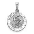 Solid Polished Saint Christopher Protect Us Words Round Medal Charm Pendant in Real 14k White Gold