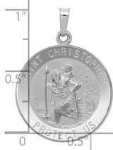 Solid Saint Christopher Protect Us Words Round Medal Charm Pendant in Real 14k White Gold