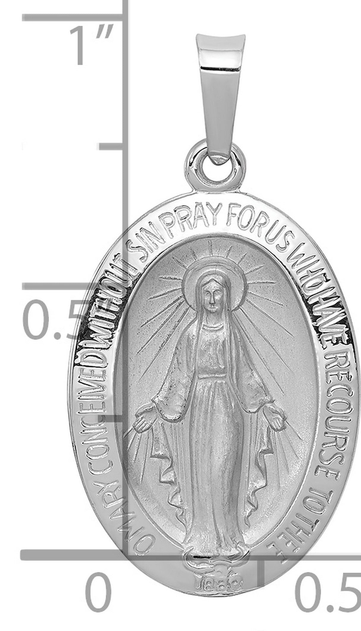 14k White Gold Miraculous Medal Pendant with Virgin Mary Inscription, Catholic Religious Charm