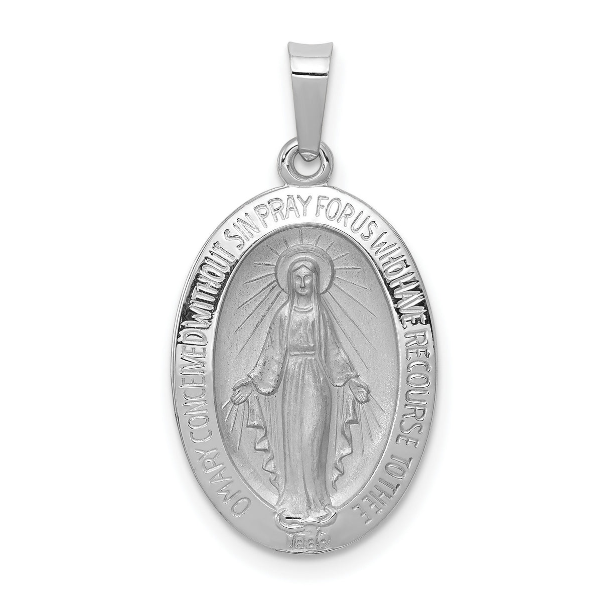 14k White Gold Miraculous Medal Pendant with Virgin Mary Inscription, Catholic Religious Charm