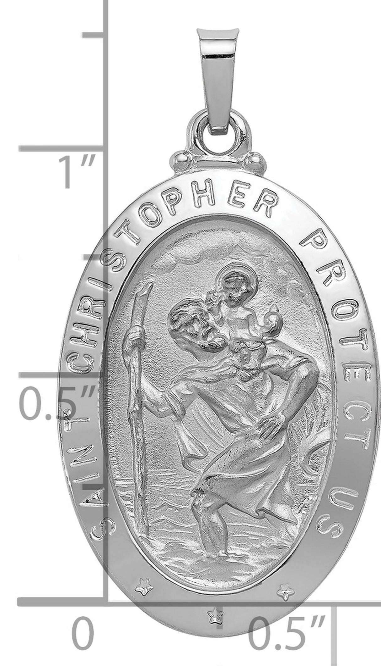 Solid Saint Christopher Protect Us Words Oval Medal Charm Pendant in Real 14k White Gold