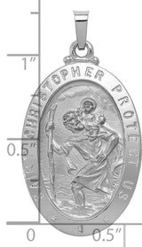 Solid Saint Christopher Protect Us Words Oval Medal Charm Pendant in Real 14k White Gold