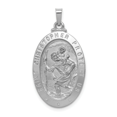 Solid Saint Christopher Protect Us Words Oval Medal Charm Pendant in Real 14k White Gold