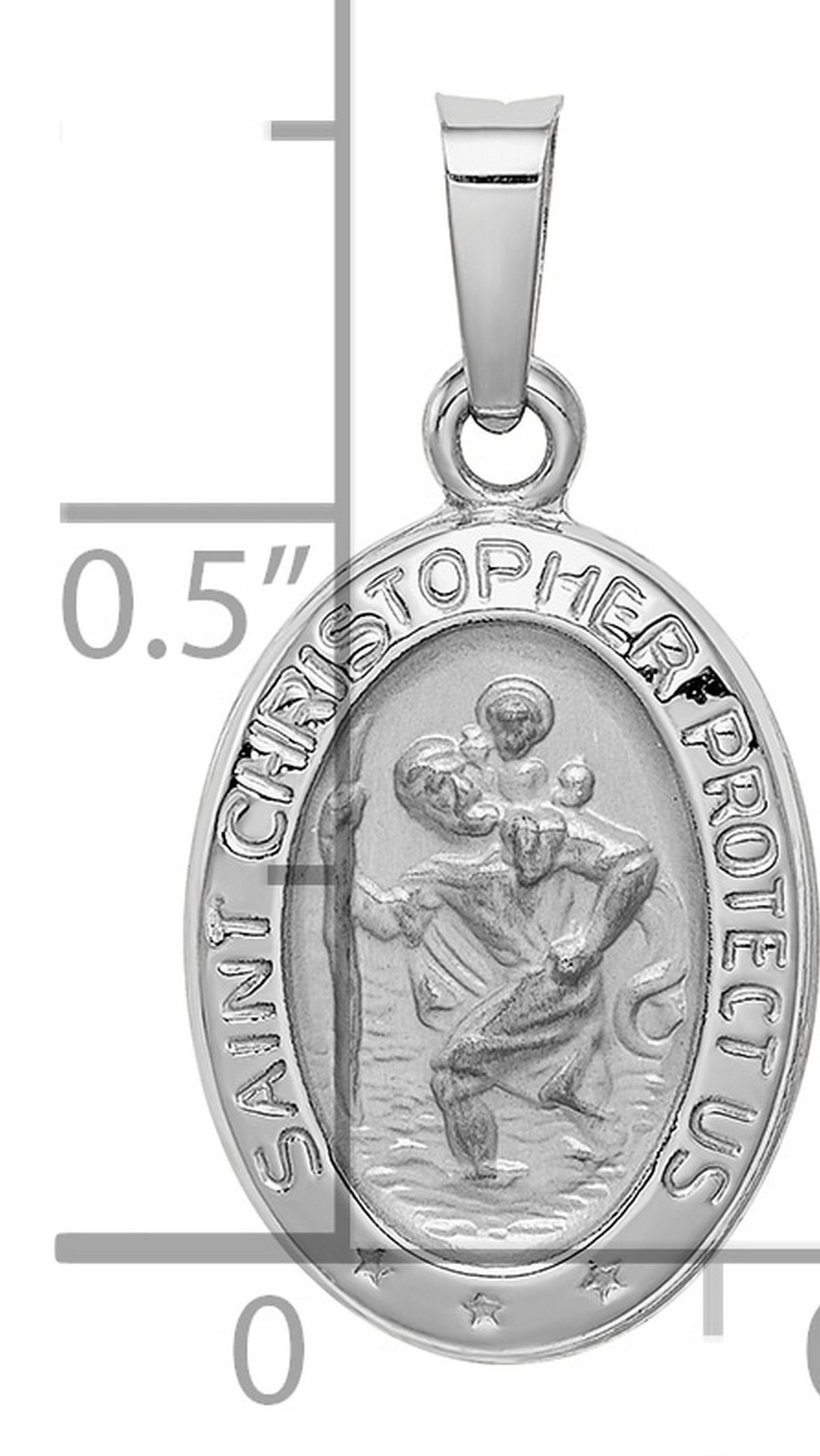 Solid Saint Christopher Protect Us Words Oval Medal Charm Pendant in Real 14k White Gold