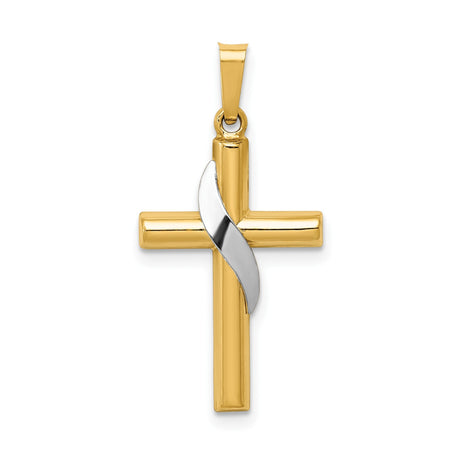 14k Two-Tone Gold Cross Pendant with White Gold Ribbon Accent, Christian Religious Jewelry
