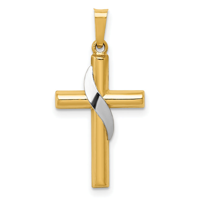 Hollow Latin Cross With Ribbon Charm Pendant in Real 14k Multi-Tone Gold
