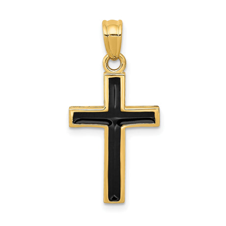 14k Yellow Gold Cross Pendant with Black Epoxy Inlay, Classic Christian Symbol for Men