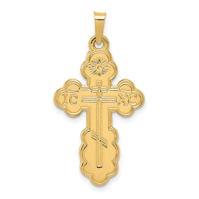 14k Yellow Gold Orthodox Cross Pendant with IC XC Inscriptions and Floral Engraving