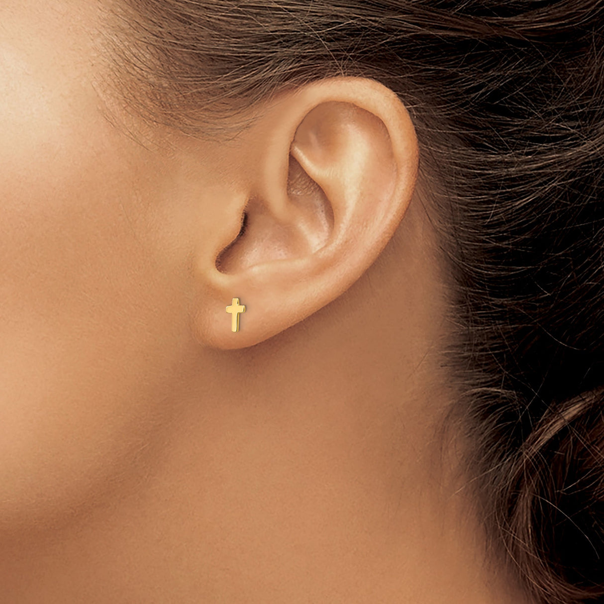 14k Yellow Gold Cross Stud Earrings, Simple Christian Jewelry for Women and Unisex Wear