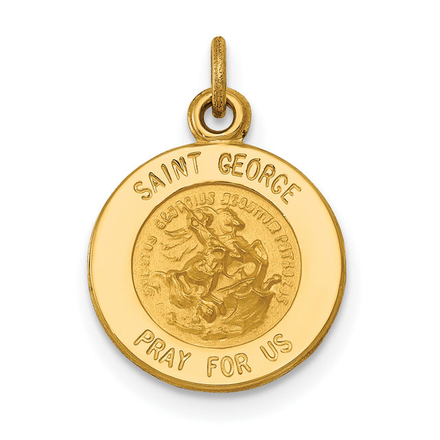 Solid Saint George Pray For Us Words Round Medal Charm Pendant in Real 14k Yellow Gold