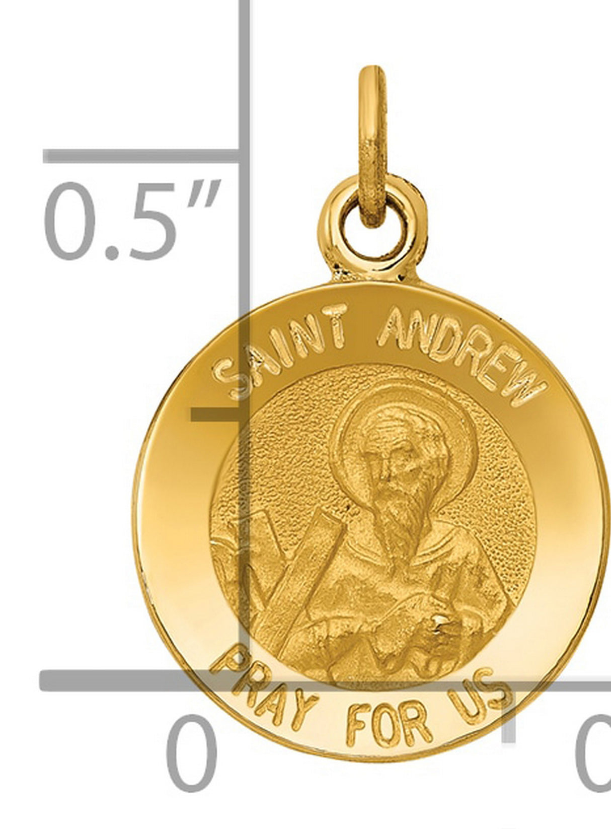 Saint Andrew Pray For Us Words Round Charm Pendant in Real 14k Yellow Gold