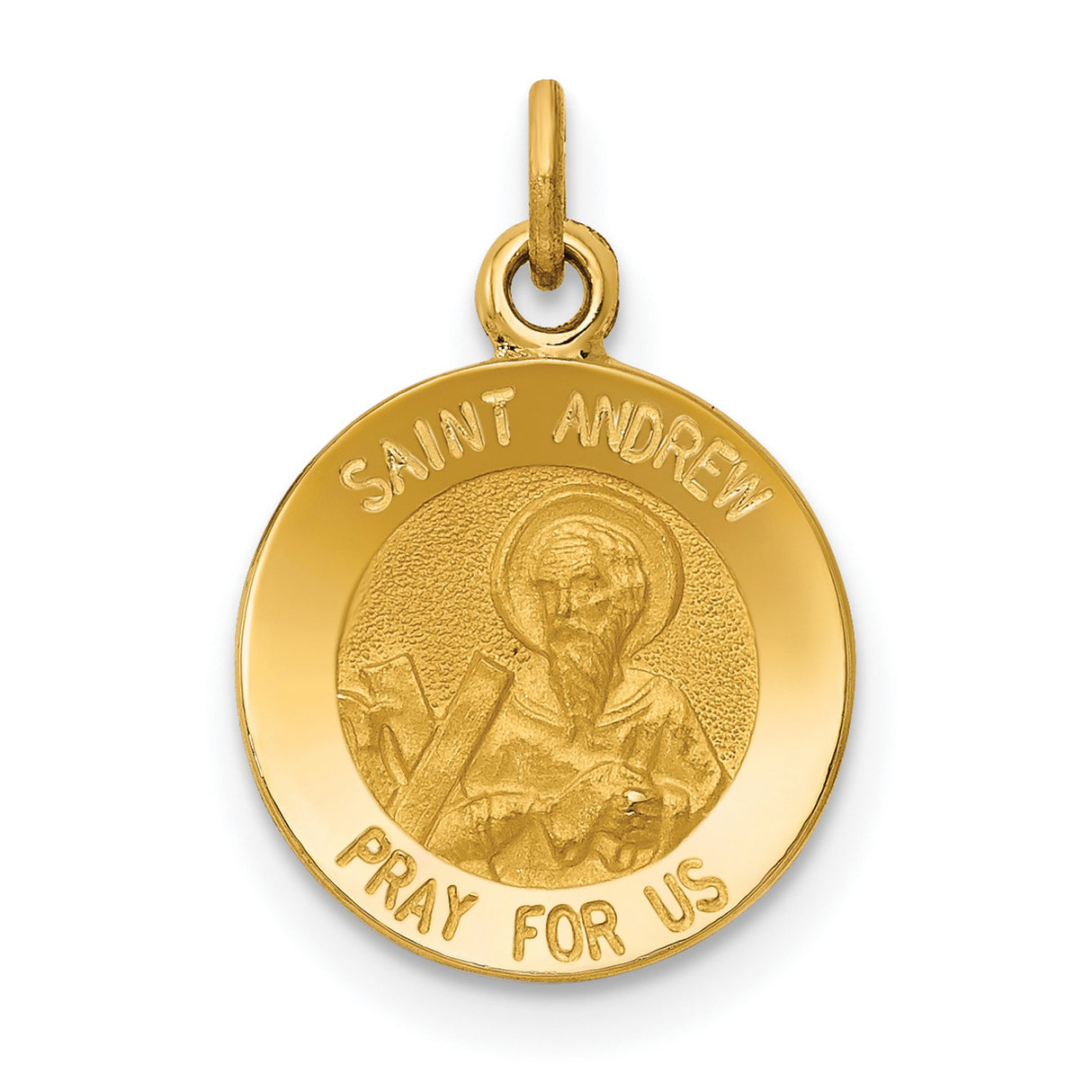 Saint Andrew Pray For Us Words Round Charm Pendant in Real 14k Yellow Gold