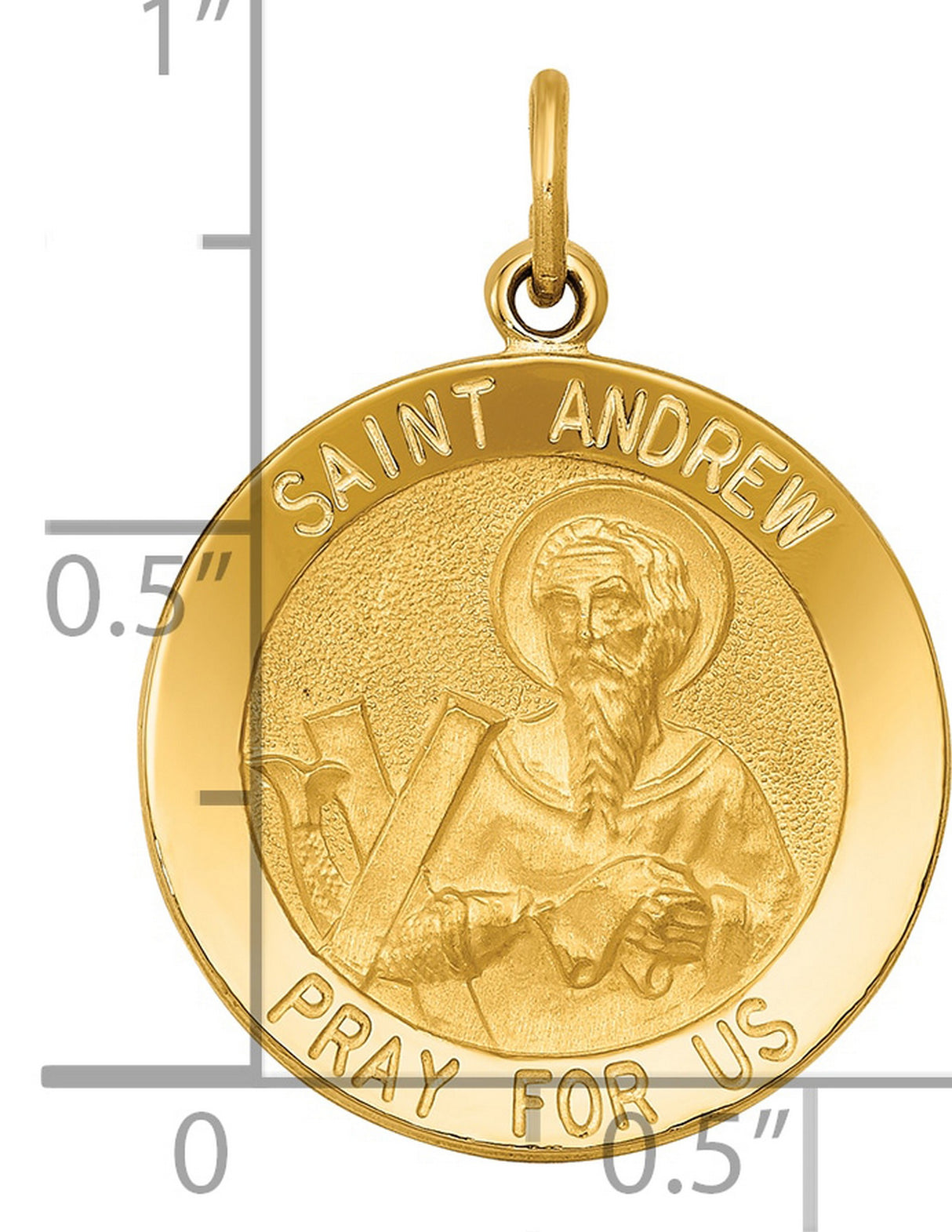 Saint Andrew Pray For Us Words Round Charm Pendant in Real 14k Yellow Gold