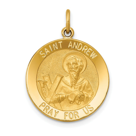 Saint Andrew Pray For Us Words Round Charm Pendant in Real 14k Yellow Gold