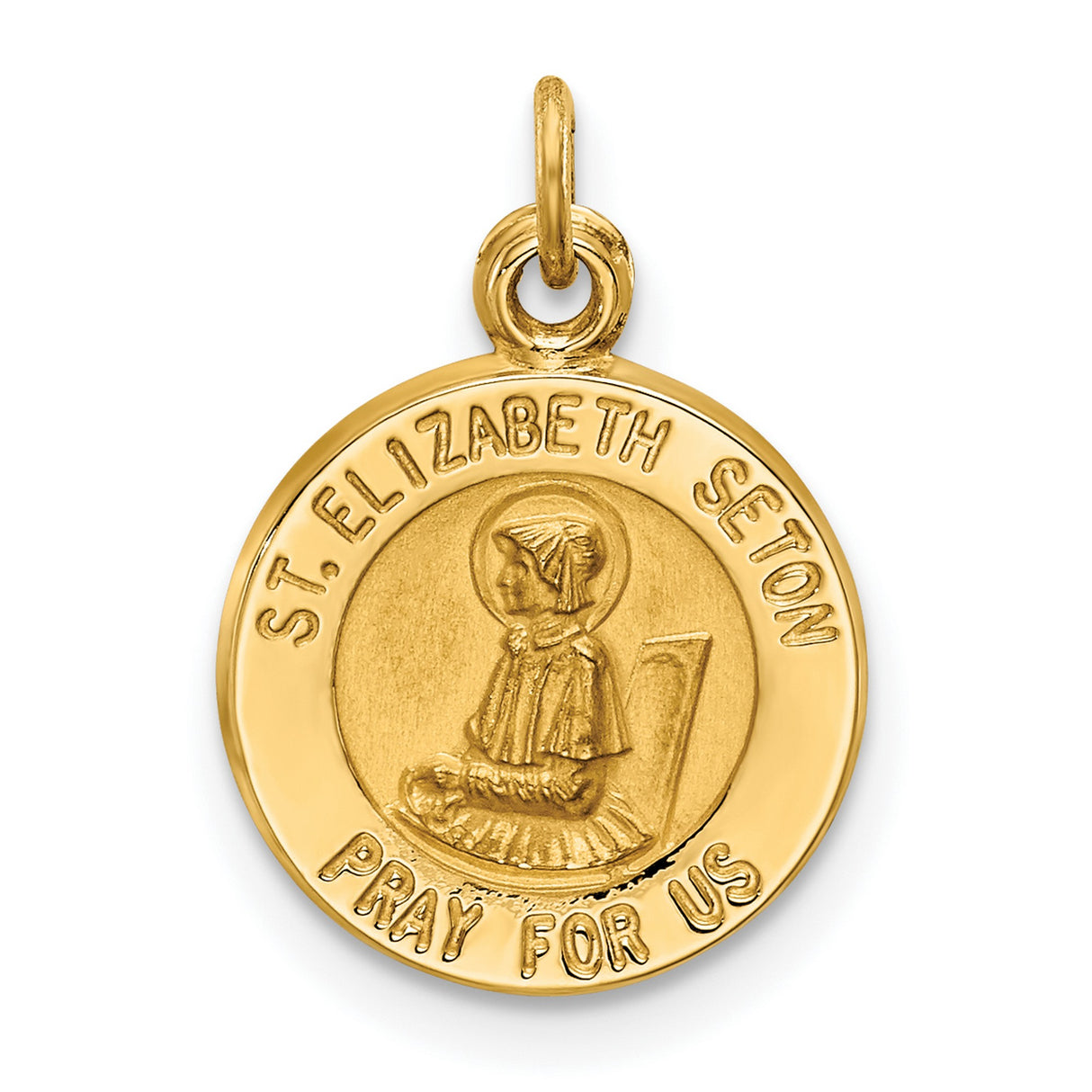 Saint Elizabeth Seton Pray For Us Words Round Medal Charm Pendant in Real 14k Yellow Gold