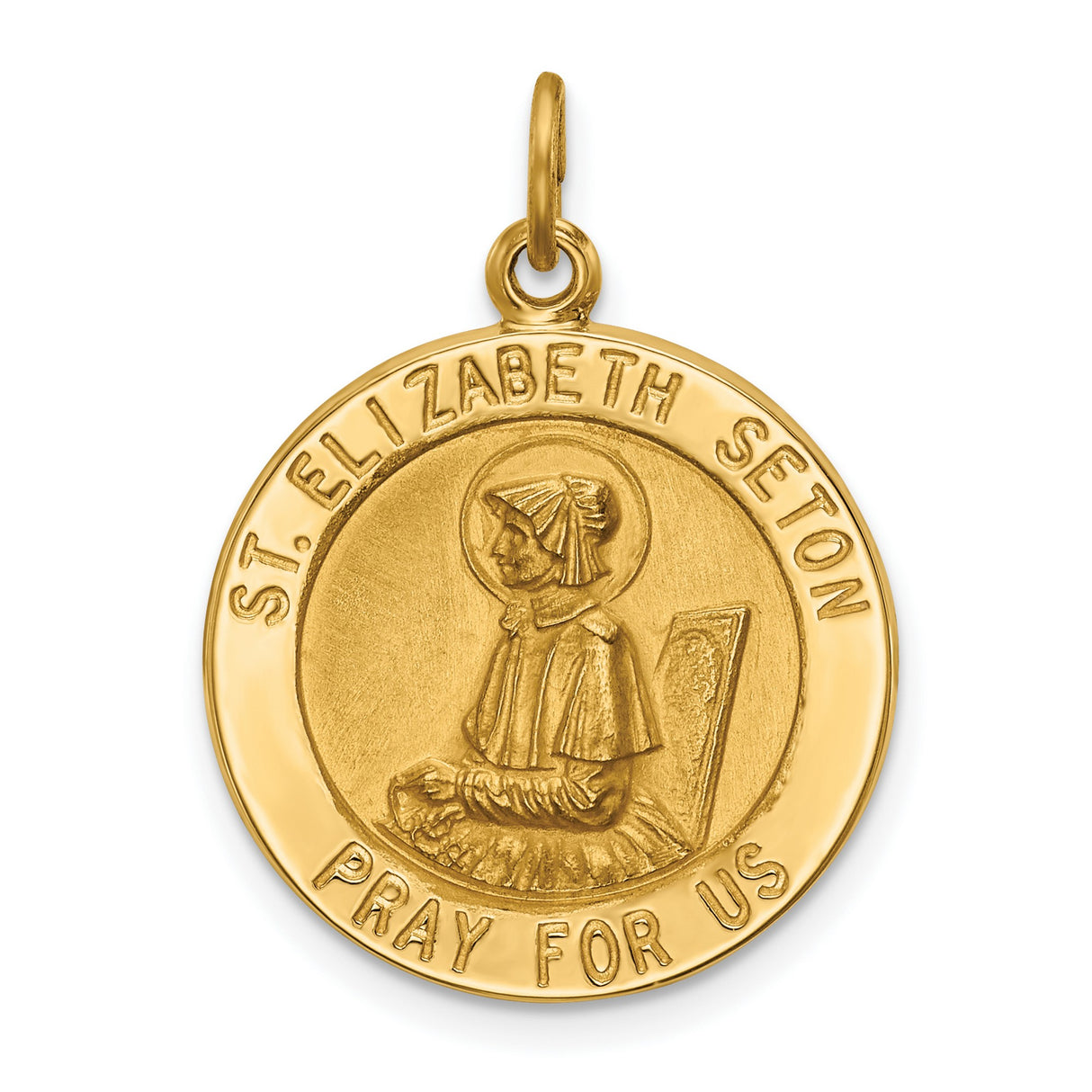 Saint Elizabeth Seton Pray For Us Words Round Medal Charm Pendant in Real 14k Yellow Gold